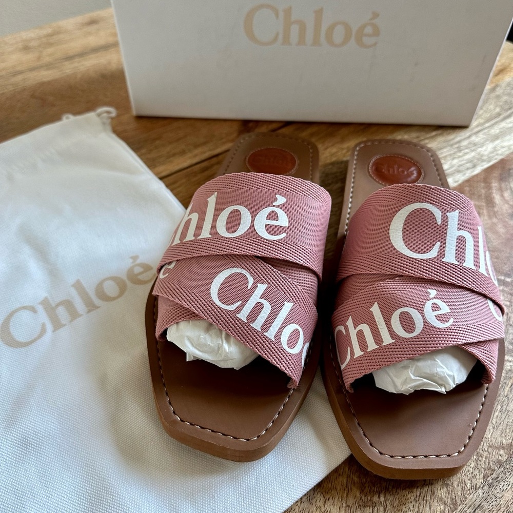 Chloe Woody Flat Mule Sandal in Delicate Pink